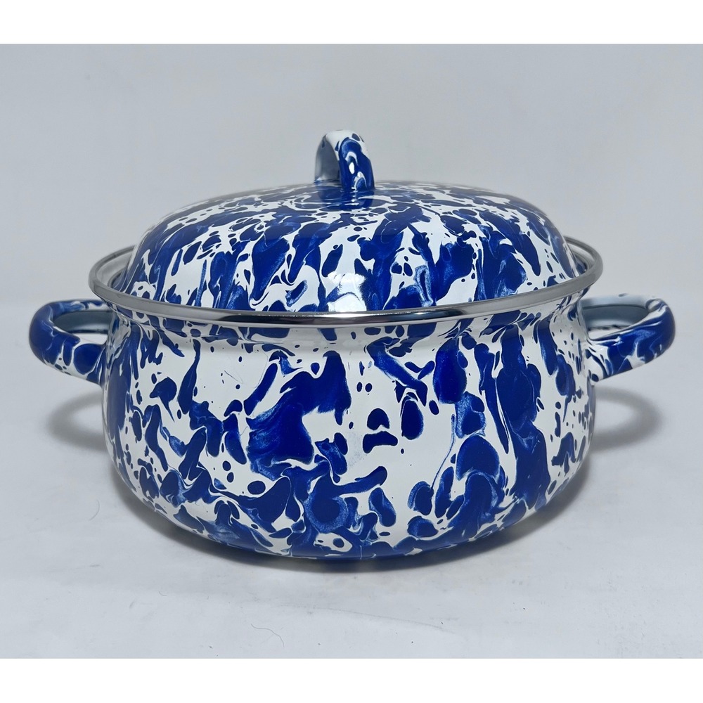 Golden Rabbit Enamel Casserole Pot Cobalt Blue Swirl Large Cottagecore Farmhouse